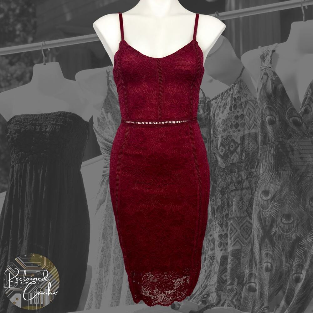 MiaoMiao Wine Lace Overlay Pencil Dress - Size Small